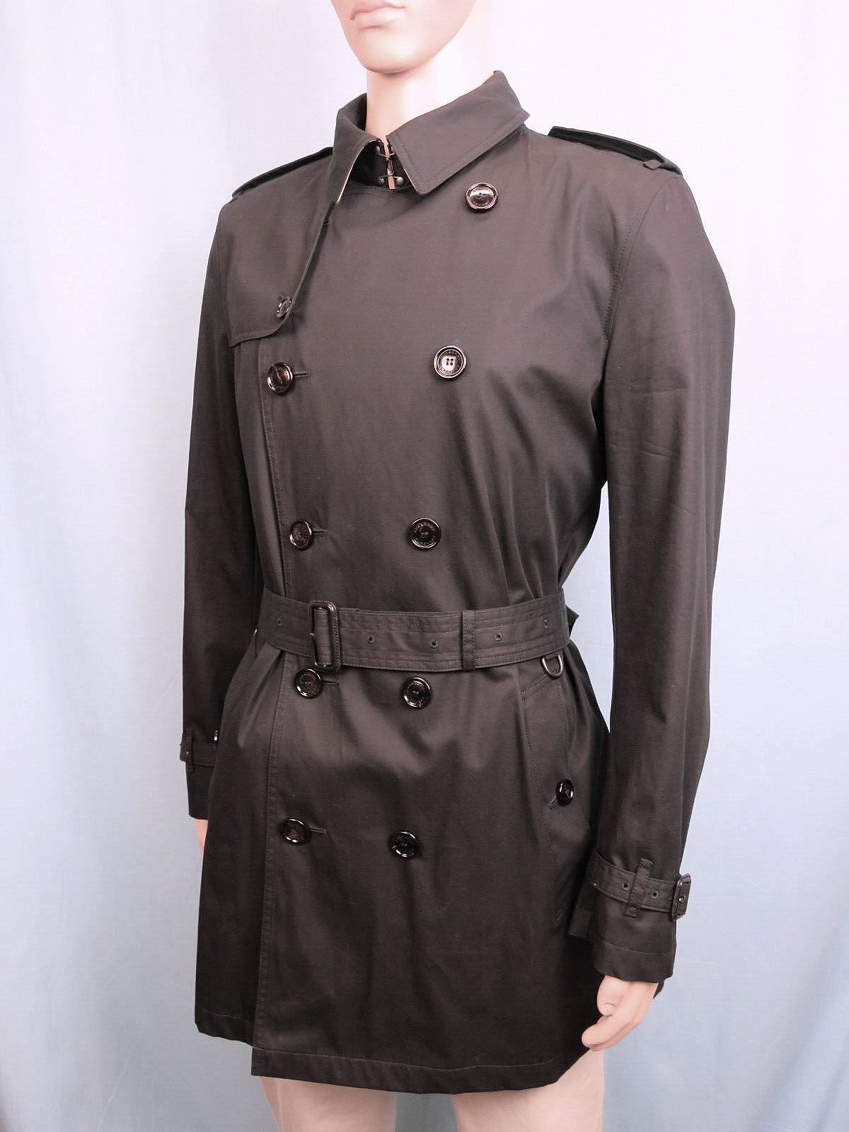 Pre-owned Burberry $2350  Britton Black Cotton Beige Check Collar Trench Coat Us 42 Eu 52