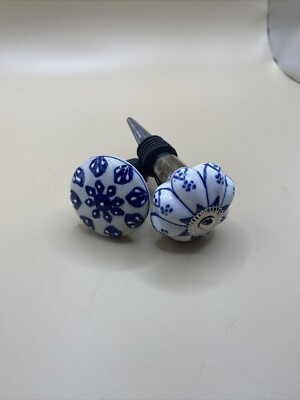 2 Pc Ceramic Handpainted Wine Bottle Stoppers-Blue/White