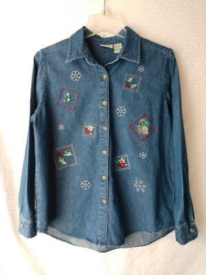 Embroidered Denim Christmas Shirt Classic Elements Size Medium Petite MP