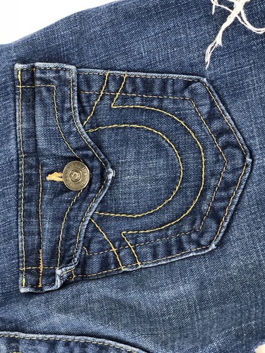 True Religion Womens Billy Jean Shorts 24 Blue Denim Frayed Hem Button Pockets