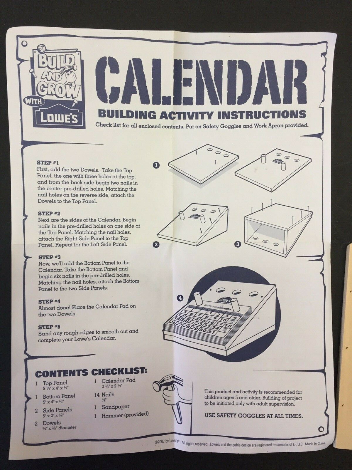 Lowes Kids Build and Grow 2007 2008 Calendar Wood Shop Kit Original