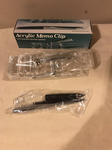 VTG LARGE ACRYLIC CLOTHES PIN PAPER MEMO CLIP, PEN HOLDER, LETTER OPENER & BOX