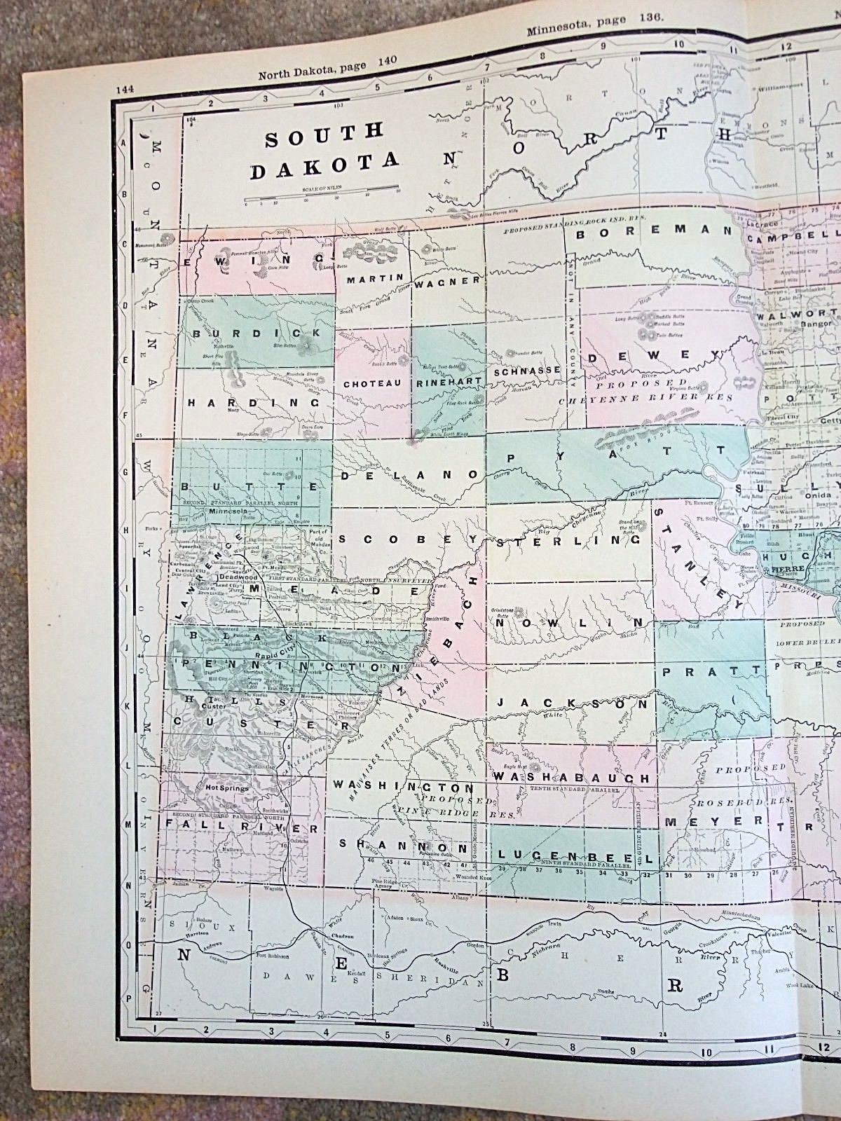 Antique 1890 Map, SOUTH DAKOTA State, Original Vintage Atlas Map, 17.5