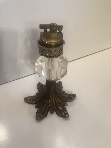 Antique Vintage MCM Crystal Prism Brass Pedestal Table Cigarette Lighter