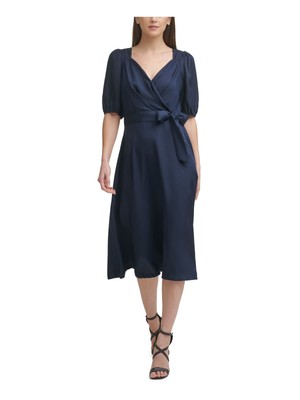 

DKNY Женское темно-синее вечернее платье миди с объемными рукавами до локтя и искусственным запахом, Navy