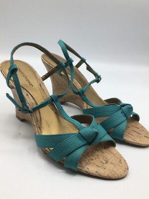 Predictions Women's Shoes Sz 8 M Blue Fabric Faux Cork 3'' Wedge Heels NEW
