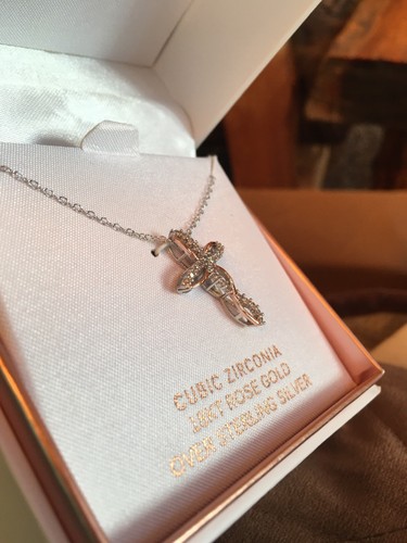 PRIMROSE 18KT Rose Gold Over Sterling Silver CZ Cross Religious Necklace 18 Box