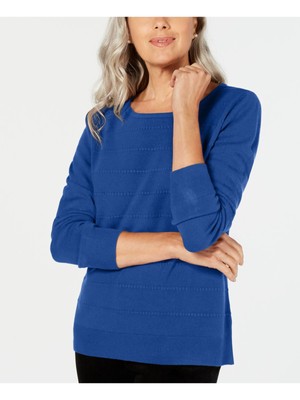 

KAREN SCOTT Женский синий текстурированный свитер в рубчик с круглым вырезом и рукавами 3/4 Petites