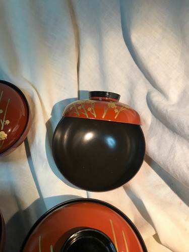 Japanese Vintage Red lacquer ware Makie wooden Soup Bowl 4 Pc. Set Gold Flowers