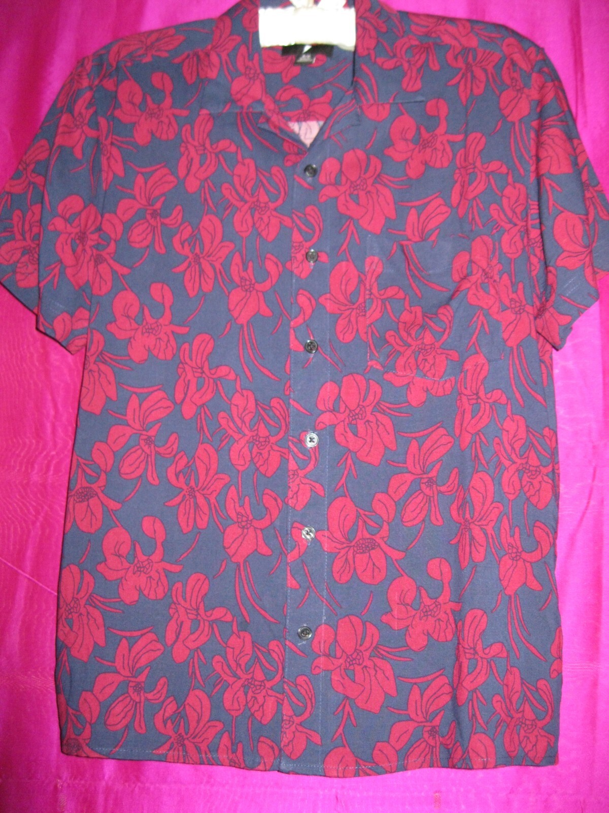 HAWAIIAN SHIRT, SZ.XS., DK. BLUE W/MAGENTA FLOWERS, S/S