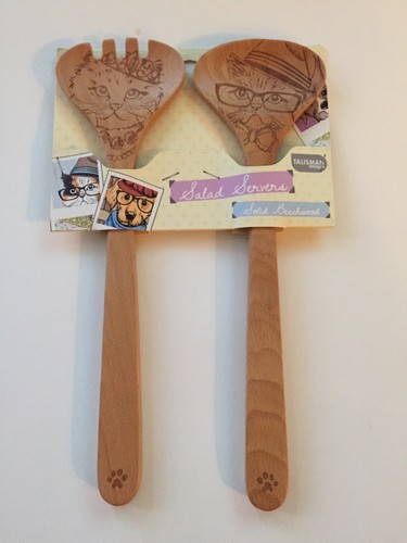 Talisman Designs  Beechwood Salad Serving Set, Cat Design , Laser Etched Fork an