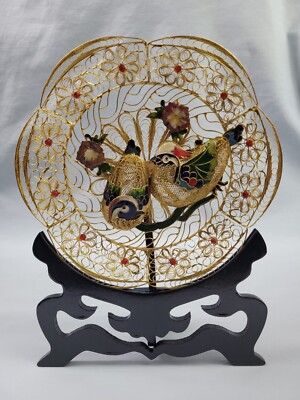 Vtg Chinese Gold Wire Filigree Cloisonne 3D Mandarin Ducks 8'' Plate w Stand.  66