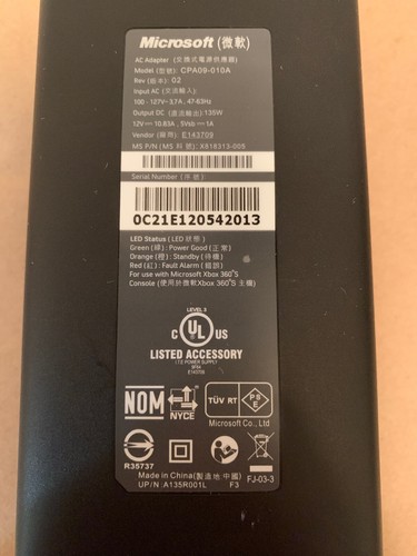 MICROSOFT XBOX 360 AC POWER ADAPTER BRICK SLIM BLACK CPA09-010A