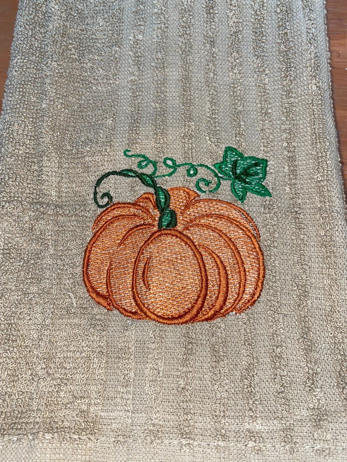 Embroidered Tan Kitchen Hand Towel Pumpkin Holiday Theme FALL BS2878