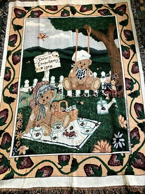 MANUAL WOODWORKERS TAPESTRY AFGHAN - 51'' X 68'' - CHERISHED TEDDIES STRAWBERRY LN
