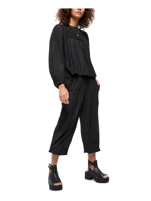 

Женский черный топ с круглым вырезом FREE PEOPLE  с длинными рукавами