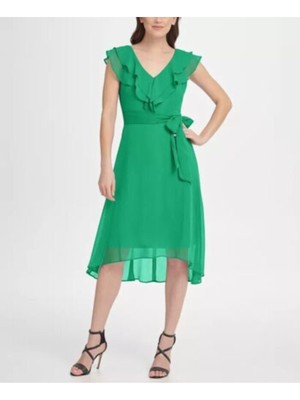 Женское коктейльное платье прямого кроя миди DKNY зеленого цвета на подкладке с развевающимися рукавами и V-образным вырезом 6