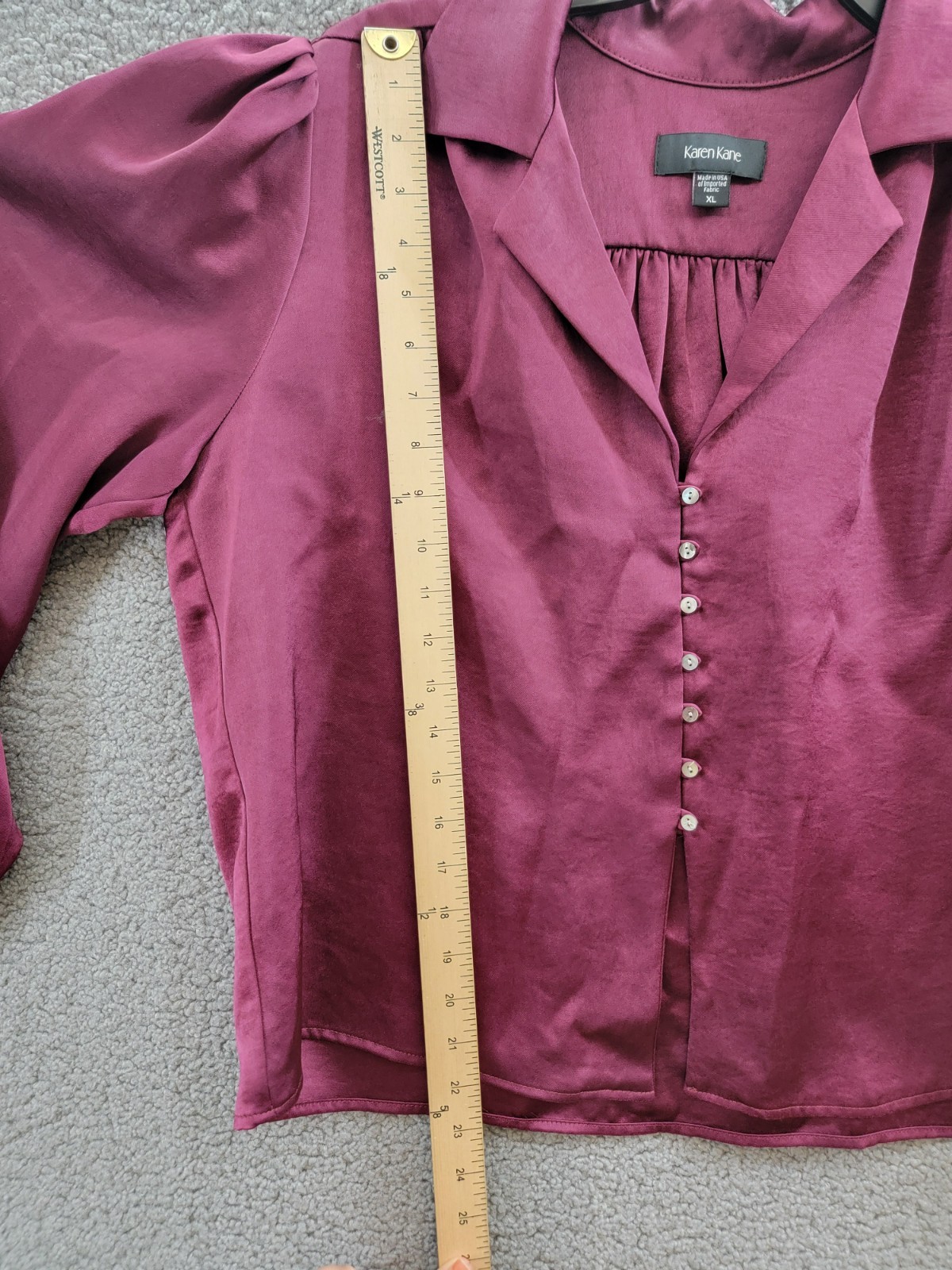 Karen Kane Shirred Blouse Womens XL Wine Solid Collared Long Sleeve Button Front - Picture 5 of 16