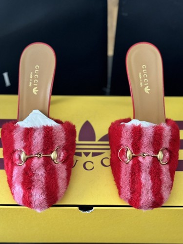 Gucci x Adidas Red/Pink Shearling Fur Horsebit Mules Size