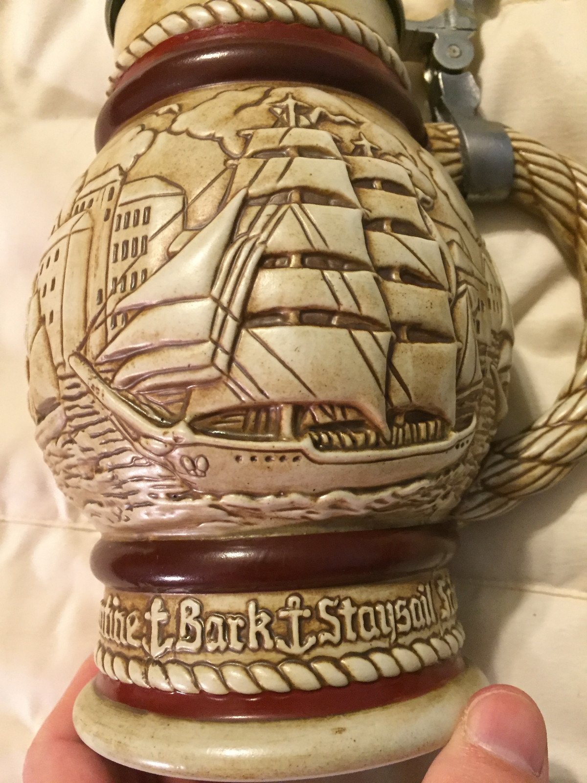 VINTAGE AVON CERAMARTE BRAZIL SAILBOAT SHIP BOAT PORT LIDDED STEIN MUG CUP