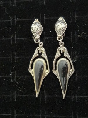 Vintage Black Enamel Earrings  Dangles Silver Tone Clip Dagger Shape