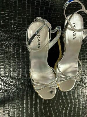 Pre-owned Prada Wedge Paglia Leather Sandals Heels Shoes Mules 40.5 In Silver