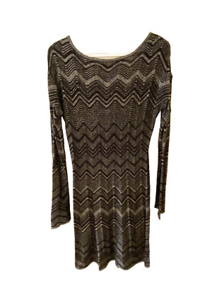 Express Metallic Cheveron Sweater Cuve Hugging Dress, Black/Silver Medium