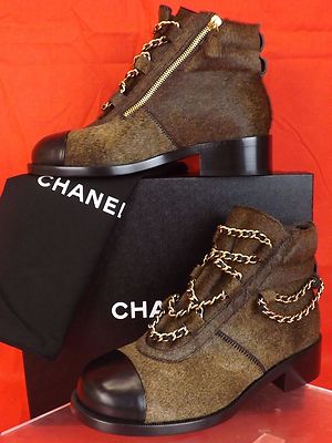 Pre-owned Chanel Brown Gold Charms Chain Black Cap Toe Pony Hair Ankle Boots 39 $2k In Brown/black/gold