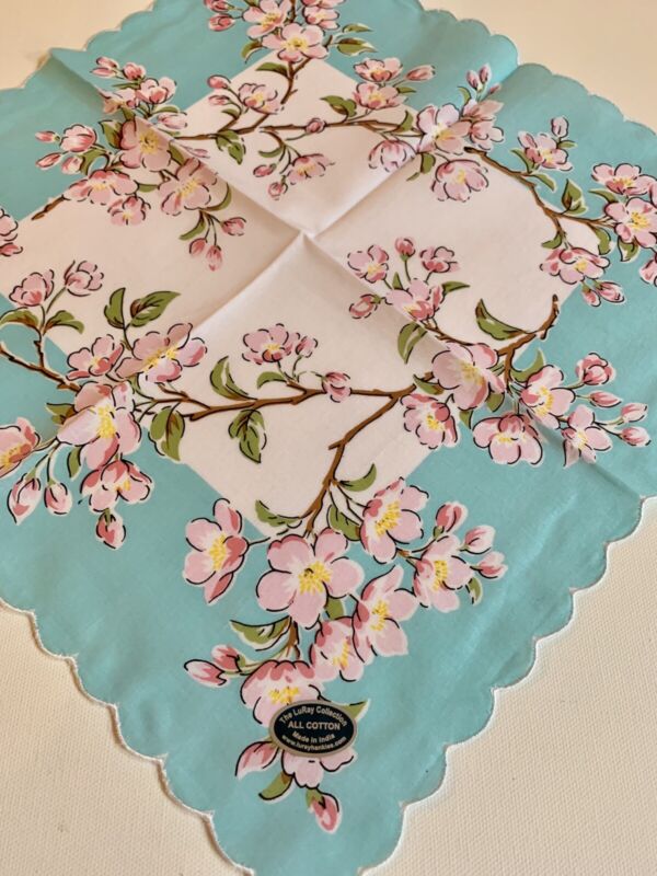 Beautiful New Aqua Pink Apple Blossoms Handkerchief - LuRay Hankie!