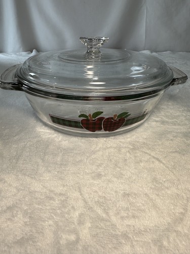 Anchor Red & Green Plaid w/Apple Design Clear Glass Casserole Dish w/Handles Lid