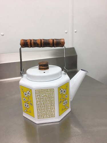 Vintage 1979 M Kamenstein White Enamel Flowers Tea Kettle Teapot