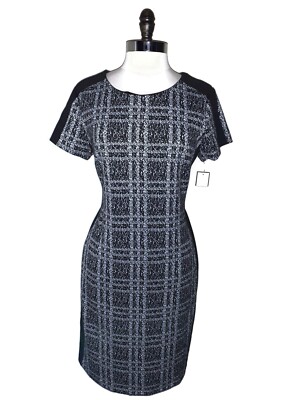 NEW CONNECTED Size 12 Sheath Dress Black Ivory Plaid Short Sleeve Stretch