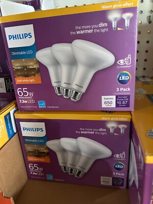 6-pack lot Philips 7.2W=65W LED BR30 Warm Glow Dimmable Soft White Light Bulbs