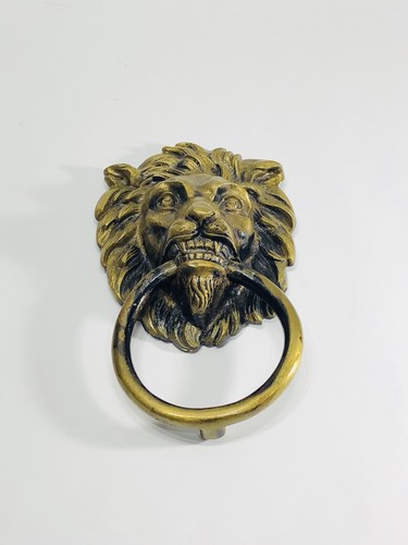 Vintage Solid Brass Lion Head Baring Teeth Door Knocker Large Hal marked England