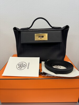 New Hermes 24/24 Mini 21 Bag Volupto Calfskin Noir/Gold Hardware Stamp 2024