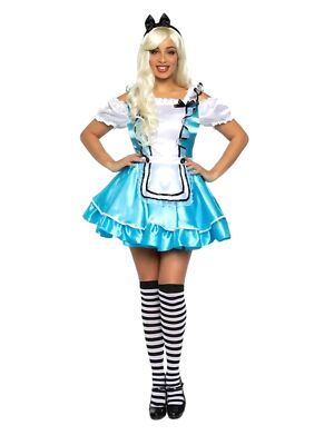 Wonderland Womens Darling Alice Satiny Blue & White Dress Costume