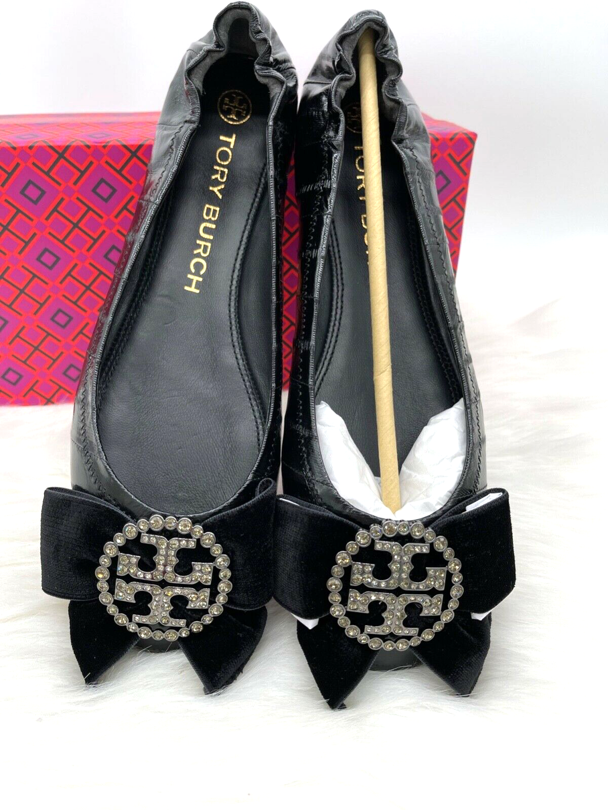 TORY BURCH $358 TORY BURCH CRYSTAL EMBELLISHED LOGO BLACK LEATHER BALLET FLATS 9M