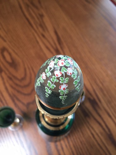 Vintage Hand Painted Gold Leaf Decanter And Glasses