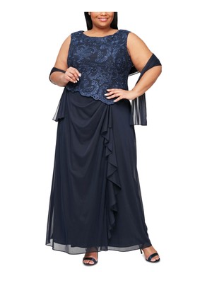 

ALEX EVENINGS Женское темно-синее длинное вечернее платье без рукавов с шалью Plus, Navy