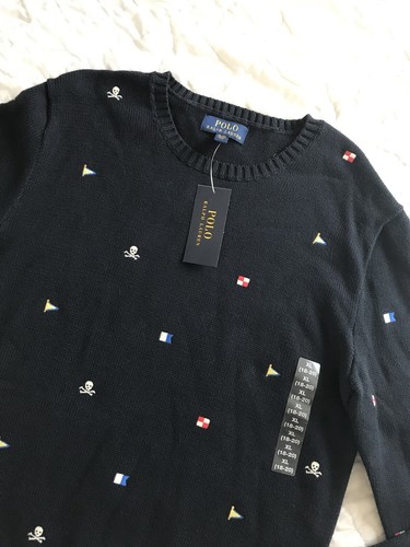 NEW Polo Ralph Lauren Boys Skull And Bones Flag Crew Sweater XL 18-20 NWT