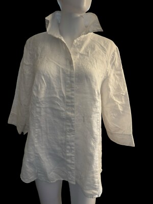 E-COL-O-GIE 100% Linen Long-Sleeve Embroidered Button-Front Shirt White top L