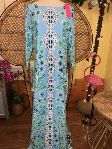 Pre-owned Lilly Pulitzer Seralina Maxi Frenchie Blue Mosaic Shells $298 Size L In Multicolor