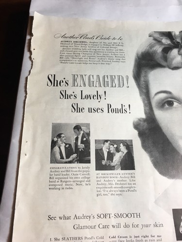 1942 Ponds Cold Cream Audrey Druhmel Photo Vintage Print Ad Retro Bath Decor C1
