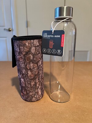 Kikkerland GLASS water bottle & sleeve. LOG wood effect.  New. NWT