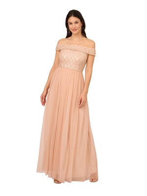 ADRIANNA PAPELL Womens Pink Mesh Lined Short Sleeve Full-Length Gown Dress 14