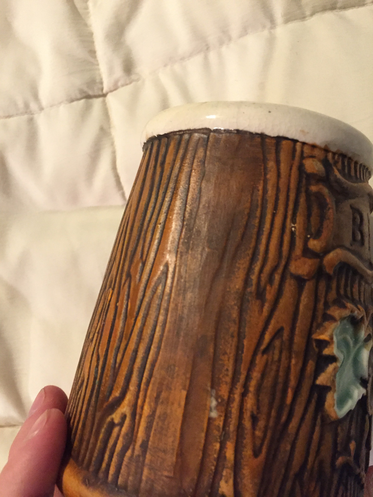 VINTAGE JAPAN WOOD LOOK GRAPE ACCENT BEER HANDLED STEIN CUP MUG