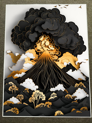 Volcano Eruption in Layered Black and Gold Art Style with Smoky Clouds Poster 18