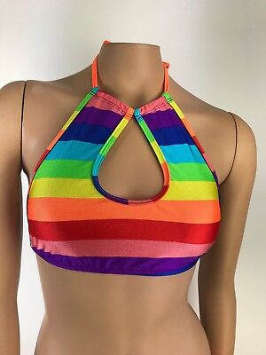 Exotic Dancewear Halter Keyhole High Neck Bikini Top Rainbow Rave Outfits LGBTQ