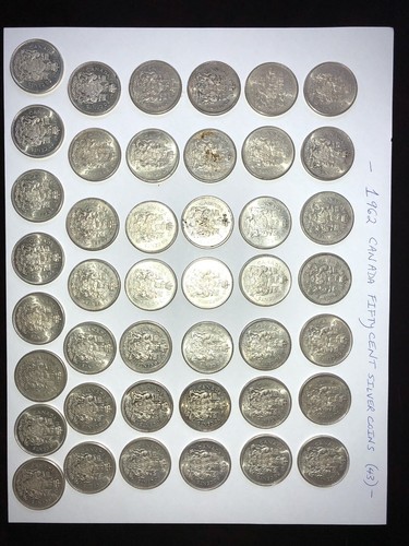 1962 Canada - Fifty Cent (Half Dollar) Elizabeth II Coin Silver -Lot Of 43 Coins