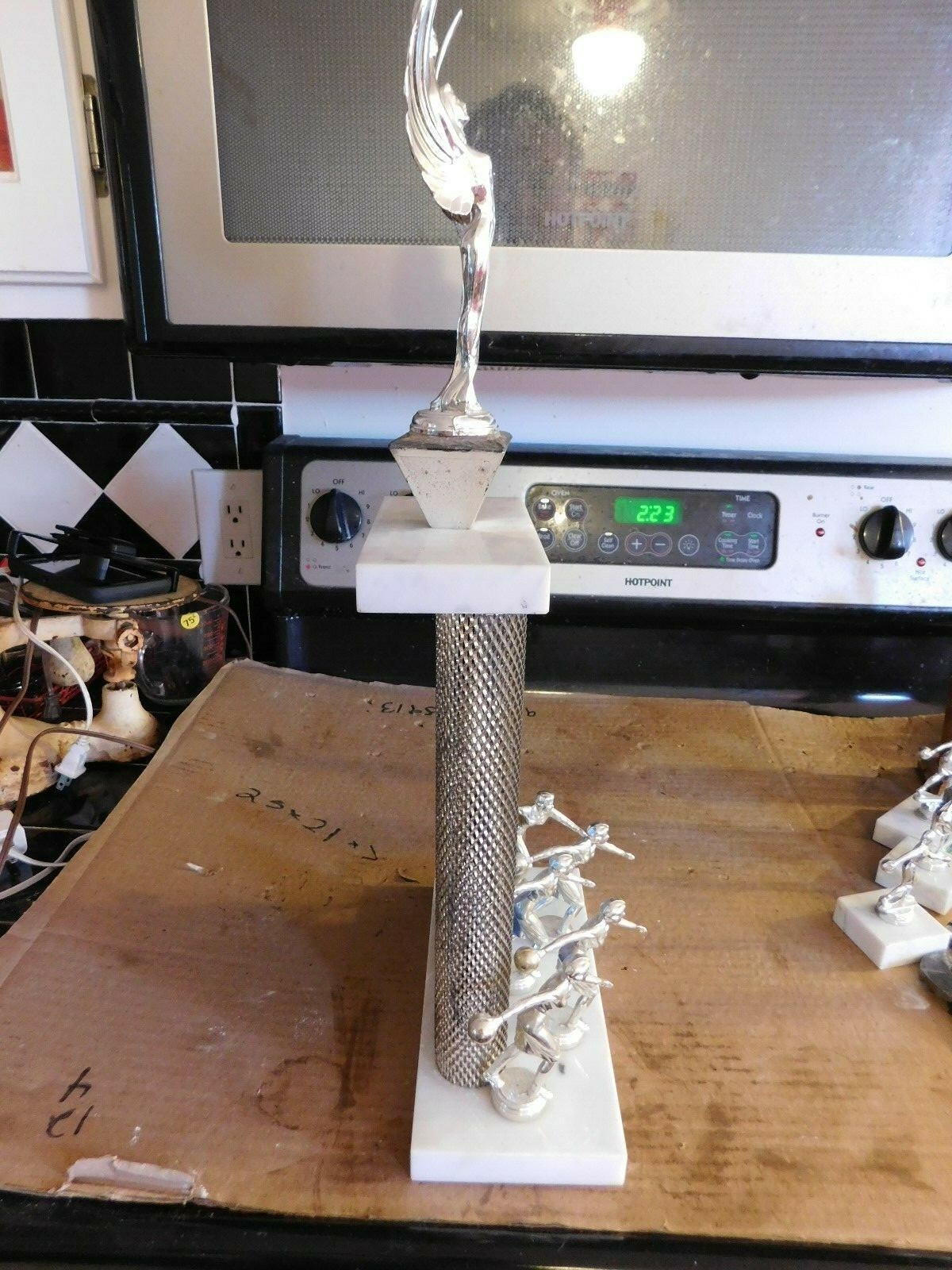 VINTAGE LARGE BOWLING TROPHY W/MULTI METAL TOPPERS